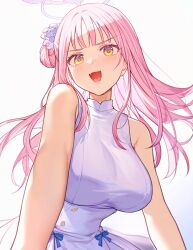 Rule 34 | 1girl, :d, bare shoulders, blue archive, commentary, dress, hair bun, halo, highres, long hair, looking at viewer, mika (blue archive), open mouth, orange eyes, pink hair, pink halo, qinglai haiji, simple background, single side bun, sleeveless, sleeveless dress, smile, teeth, tongue, white dress