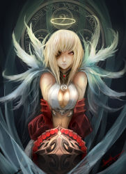 Rule 34 | 1girl, angel, angel wings, bad id, bad pixiv id, bamuth, bare shoulders, blonde hair, breasts, cleavage, cleavage cutout, clothing cutout, copyright request, crop top, eyepatch, female focus, halo, halterneck, jewelry, large breasts, midriff, open mouth, pendant, purple eyes, shield, short hair, solo, wings