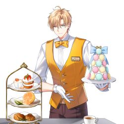 Rule 34 | 1boy, alternate hair color, badge, belt, black gloves, blue bow, blue eyes, bow, bowtie, bright pupils, brown belt, brown pants, cake, chulsoo kim (closers), closers, collared shirt, cowboy shot, croissant, cup, food, fruit, gloves, highres, holding, holding plate, lime (fruit), lime slice, looking at viewer, macaron, male focus, official art, orange (fruit), orange bow, orange bowtie, orange hair, orange slice, orange vest, pants, parted bangs, plate, saucer, shirt, short hair, sleeves past elbows, smile, solo, striped, striped bow, table, tea, teacup, tiered tray, tomato, tomato slice, traditional bowtie, vest, waistcoat, waiter, white background, white pupils, white shirt