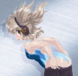 Rule 34 | 1girl, ass, brown eyes, brown hair, brown skirt, competition swimsuit, cowboy shot, earmuffs, from behind, looking at viewer, one-piece swimsuit, pointy hair, short hair, skirt, solo, swimsuit, touhou, toyosatomimi no miko, undressing, winn