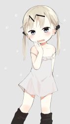 Rule 34 | 1girl, bare legs, bare shoulders, blonde hair, blue eyes, blush, child, dress, female focus, grey background, grey dress, hair ornament, hairclip, hand to own mouth, highres, looking at viewer, nanoningen (anapoko), open mouth, original, short dress, simple background, solo, strap slip, tagme, twintails