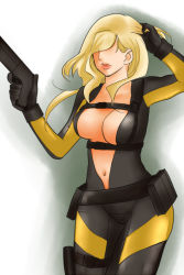 Rule 34 | 1girl, blonde hair, breasts, futt, gun, hair over eyes, large breasts, no bra, rachael foley, resident evil, resident evil: revelations, solo, unzipped, weapon