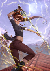 Rule 34 | 1girl, adsouto, arm up, artist name, ass, black gloves, blue eyes, blush, boots, breasts, broken moon, brown hair, casual, closed mouth, day, electricity, facing viewer, from behind, gloves, hair tie, hand up, happy, high ponytail, highres, holding, holding sword, holding weapon, ilia amitola, jacket, leg up, long hair, looking back, looking to the side, midriff, moon, navel, outdoors, outstretched arm, pants, ponytail, rooftop, rwby, short sleeves, sky, small breasts, smile, solo, spots, standing, standing on one leg, sword, tree, weapon
