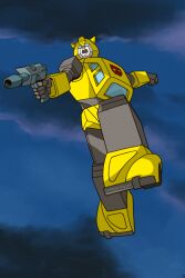 Rule 34 | armor, artist name, autobot, blue sky, bumblebee (transformers), cloud, dark clouds, gun, holding, holding gun, holding weapon, insignia, makoto ono, mecha, midair, no humans, open mouth, robot, scene reference, science fiction, sky, transformers, transformers: generation 1, weapon, yellow armor