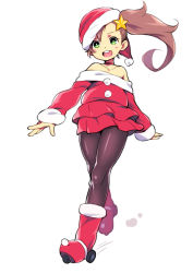 Rule 34 | 1girl, bare shoulders, boots, brown hair, choker, chousoku henkei gyrozetter, full body, green eyes, hat, inaba rinne, legs, long hair, open mouth, pantyhose, roller skates, santa costume, santa hat, side ponytail, simple background, skates, solo, star (symbol), thighs, ukokkei, white background