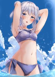 Rule 34 | 1girl, :o, absurdres, armpits, arms up, ballpoint pen (medium), bikini, blue bikini, blue sky, blush, breasts, calligraphy brush (medium), chunithm, cloud, commentary request, cowboy shot, day, grey eyes, highres, kisaragi yaya, kobotoke nagi, lens flare, looking at viewer, navel, open mouth, outdoors, silver hair, sky, small breasts, solo, standing, swimsuit, teeth, traditional media, upper teeth only, water, wet