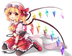 Rule 34 | 1girl, absurdres, ascot, black pantyhose, blonde hair, bow, commentary request, crystal, eyebrows, flandre scarlet, full body, hair bow, hat, highres, laevatein, looking at viewer, mob cap, orange eyes, pantyhose, puffy short sleeves, puffy sleeves, red footwear, red skirt, red vest, ruhika, shadow, shoes, short sleeves, side ponytail, simple background, sitting, skirt, solo, touhou, vest, wariza, white background, white bow, white hat, wings, wrist cuffs, ||/