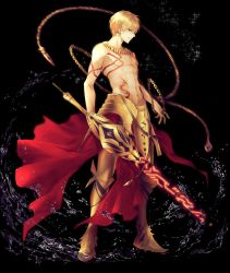 Rule 34 | 1boy, abs, armor, armored boots, black background, blonde hair, boots, commentary request, fate/grand order, fate/strange fake, fate (series), gilgamesh (fate), highres, male focus, muscular, red eyes, topless male, solo, sword, tattoo, weapon, yuririensu