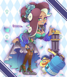 Rule 34 | breasts, cephalopod eyes, chain, chain necklace, cleavage, dark-skinned female, dark skin, dress, fish, flower, high heels, jewelry, lesuna, marina (splatoon), mole, mole under mouth, necklace, nintendo, octoling, pink pupils, rose, solo, splatoon (series), splatoon 2, suction cups, tentacle hair