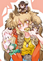 Rule 34 | 5girls, absurdres, ahoge, alternate costume, american bison (kemono friends), animal ears, belt, belt buckle, big hair, bird tail, bird wings, blonde hair, blowhole, boots, brown eyes, brown hair, buckle, capelet, cetacean tail, chameleon tail, chibi, chinese white dolphin (kemono friends), closed eyes, commentary request, dorsal fin, dress, eating, extra ears, facing viewer, fins, fish tail, food, fur collar, gloves, green hair, grey eyes, hair between eyes, hanging, head tilt, head wings, highres, holding, holding weapon, hood, hood up, horns, jewelry, kamen rider, kamen rider wizard (series), kemono friends, light brown hair, lion (kemono friends), lion ears, looking at viewer, mini person, minigirl, multicolored hair, multiple girls, necktie, panther chameleon (kemono friends), pants, pantyhose, parsley (simonov1941), parted bangs, pendant, peregrine falcon (kemono friends), pink hair, polearm, shirt, sidelocks, sitting, sitting on head, sitting on person, size difference, skirt, smile, tail, v-shaped eyebrows, weapon, white hair, wings