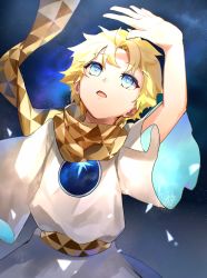 Rule 34 | 1boy, arm up, baggy clothes, blonde hair, blue eyes, bright pupils, fate/grand order, fate/requiem, fate (series), glowing, gradient hair, highres, hoshi rasuku, light particles, male focus, multicolored hair, open hand, open mouth, parted bangs, scarf, shadow, short sleeves, sky, solo, space, star (sky), star (symbol), starry background, starry sky, upper body, voyager (fate), voyager (first ascension) (fate), yellow scarf