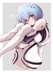 Rule 34 | 1girl, ayanami rei, blue hair, blush, bodysuit, breasts, commentary, commentary request, fujitaka nasu, hairpods, heart, highres, interface headset, looking at viewer, medium breasts, neon genesis evangelion, plugsuit, short hair, smile, solo, white bodysuit