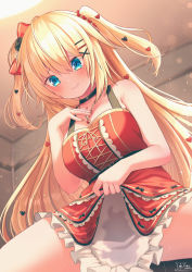Rule 34 | 1girl, akai haato, akai haato (gothic lolita), black choker, black neckwear, blonde hair, blue eyes, blurry, blurry background, blush, breasts, choker, clothes lift, commentary request, cowboy shot, dress, dress lift, hair between eyes, hair ornament, hand on own chest, hand up, heart, heart hair ornament, highres, hololive, indoors, jewelry, large breasts, lifting own clothes, light particles, long hair, magowasabi, nail polish, necklace, parted lips, red dress, red nails, signature, solo, twitter username, two side up, very long hair, virtual youtuber, wet, wet clothes, x hair ornament