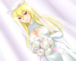 Rule 34 | 1girl, adder, blonde hair, bouquet, breasts, cleavage, cleavage cutout, clothing cutout, dress, dutch angle, elbow gloves, eyebrows, female focus, flower, gloves, holding, large breasts, pale color, red eyes, rose, smile, solo, touhou, veil, wedding, wedding dress, white background, white flower, white rose, white theme, yakumo yukari