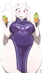 1girl ^^^ artist_name bare_shoulders belly blank_speech_bubble blush breasts breasts_apart commentary_request constricted_pupils covered_navel curvy dress fangs floppy_ears food food_on_face furry furry_female hands_up highleg highleg_dress highres holding holding_food holding_ice_cream horns ice_cream korean_commentary large_breasts looking_at_viewer nostrils parted_lips pink_eyes plump purple_dress savakandoze solo speech_bubble sweat thick_thighs thighs toriel undertale white_background white_fur wide_hips wide_sleeves