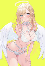 Rule 34 | 1girl, angel, angel wings, arm strap, blonde hair, blue eyes, blush, braid, breasts, cleavage, closed mouth, cowboy shot, halo, hand on own thigh, highres, kurokin, large breasts, long hair, looking at viewer, navel, o-ring, original, pointy ears, simple background, smile, solo, thighs, wings, yellow background