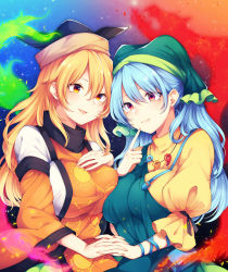 Rule 34 | 2girls, apron, black headwear, blonde hair, blue hair, breast press, breasts, closed mouth, commentary request, detached sleeves, eye contact, green skirt, haniyasushin keiki, hat, head scarf, highres, holding hands, interlocked fingers, large breasts, light smile, long hair, looking at another, magatama, magatama necklace, matara okina, multiple girls, necklace, parted lips, puffy sleeves, red eyes, shirt, skirt, symmetrical docking, tabard, tama (soon32281), touhou, upper body, white shirt, yellow eyes, yuri
