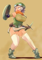 Rule 34 | absurdres, bad id, bad pixiv id, belt, boots, breasts, dagger, fantasy, goggles, hat, highres, knife, large breasts, original, potionu, purple eyes, scarf, shield, short hair, silver hair, solo, thighhighs, weapon, zettai ryouiki