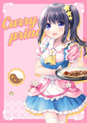 Rule 34 | 1girl, :d, apron, ascot, blue dress, blush, border, breasts, collared dress, commentary request, cowboy shot, curry, curry rice, dot nose, dress, english text, flower brooch, food, frilled apron, frilled dress, frills, fukuda fukutarou, hair ornament, holding, holding tray, idoly pride, legs together, long bangs, long hair, looking at viewer, medium breasts, nagase mana, nail polish, open mouth, outside border, pink background, pink border, pink nails, puffy short sleeves, puffy sleeves, purple eyes, purple hair, raised eyebrows, rice, short sleeves, side ponytail, sidelocks, smile, solo, star (symbol), star hair ornament, thighhighs, tray, waist apron, white apron, white thighhighs, yellow ascot, zettai ryouiki