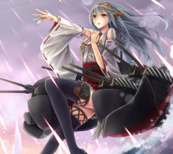 Rule 34 | 10s, 1girl, aiming, bare shoulders, boots, detached sleeves, frilled skirt, frills, green hair, hair ornament, hairclip, hand on own chest, haruna (kancolle), headgear, japanese clothes, kantai collection, kirieroido iii, lace, lace-trimmed legwear, lace trim, long hair, nontraditional miko, outstretched arm, pleated skirt, red skirt, ribbon-trimmed sleeves, ribbon trim, skirt, solo, thigh boots, thighhighs, under fire, wide sleeves