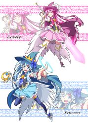 Rule 34 | 2girls, :d, absurdres, adapted costume, aino megumi, alternate costume, blue cape, blue eyes, blue hair, blue skirt, blue thighhighs, boots, bow, cape, character name, commentary request, cure lovely, cure princess, earrings, eyelashes, hair ornament, happinesscharge precure!, happy, hat, high heel boots, high heels, highres, jewelry, large hat, looking at viewer, magical girl, mahou girls precure!, matatabi (karukan222), multiple girls, open mouth, pink cape, pink eyes, pink hair, pink skirt, precure, puffy short sleeves, puffy sleeves, shirayuki hime, short sleeves, skirt, smile, staff, standing, thigh boots, thighhighs, thighs, twintails, vest, wand, witch, witch hat, wrist cuffs