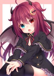 Rule 34 | 1girl, :o, absurdres, ahoge, black dress, black thighhighs, blue eyes, blush, capelet, chestnut mouth, commentary, crescent, crescent hair ornament, demon girl, demon horns, demon wings, dress, fang, frilled dress, frills, hair ornament, heterochromia, highres, horns, long hair, looking at viewer, nijisanji, own hands together, red eyes, red hair, short dress, sitting, solo, thighhighs, thighs, two side up, virtual youtuber, wakagi repa, wings, yuzuki roa, zettai ryouiki