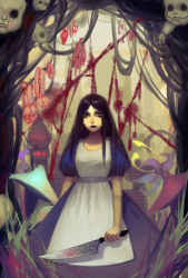 Rule 34 | 1girl, alice: madness returns, alice (alice in wonderland), american mcgee&#039;s alice, apron, black hair, blood, breasts, castle, closed mouth, dress, highres, knife, lipstick, long hair, looking at viewer, makeup, mushroom, puffy sleeves, solo, wei li