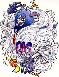 Rule 34 | 1boy, blue gloves, blue hair, caesar clown, candy, english text, food, gas, gloves, horns, mawari28, medium hair, one piece, open mouth, robe, smile, solo focus, teeth, tongue, upper body, white background, white robe, yellow eyes