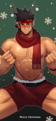 Rule 34 | 1boy, abs, alternate costume, antlers, bandaid, bandaid on cheek, bandaid on face, bara, black hair, blush, bulge, christmas, cowboy shot, erection, erection under clothes, f jun, facial hair, fur-trimmed legwear, fur trim, gan ning, headband, highres, horns, large pectorals, looking at viewer, male focus, mature male, merry christmas, muscular, muscular male, navel, nipples, pectorals, red scarf, red shorts, reindeer antlers, scar, scar on face, scar on nose, scarf, shin sangoku musou, short hair, shorts, sideburns, snowflakes, solo, spread legs, stomach, stubble, thick thighs, thighs, topless male