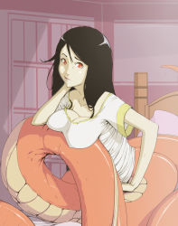 Rule 34 | 1girl, bed, bedroom, black hair, blonde hair, breast rest, breasts, cleavage, covered erect nipples, indoors, lamia, long hair, looking at viewer, materclaws, monster girl, red eyes, room, shirt, solo, white shirt