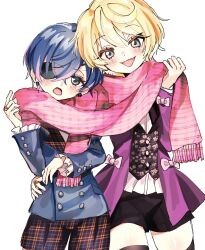 Rule 34 | 2boys, alois trancy, androgynous, bishounen, black shorts, blue eyes, blue hair, blue jacket, blue shorts, buttons, ciel phantomhive, dark blue hair, earrings, eyepatch, floral print, highres, jacket, jewelry, kuroshitsuji, looking at viewer, male focus, multiple boys, open mouth, pink jacket, pink scarf, plaid, plaid scarf, plaid shorts, ring, scarf, short hair, shorts, simple background, tongue tattoo, white background, wormy owo, yaoi