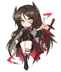 Rule 34 | arknights, bag, bare shoulders, belt, black hair, boots, detached sleeves, godgamesc2, highres, holding, holding knife, holding weapon, horns, ines (arknights), knife, long hair, simple background, slit pupils, standing, standing on one leg, sword, thigh strap, very long hair, weapon, white background, yellow eyes