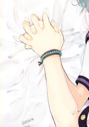 Rule 34 | 1boy, 1girl, blue hair, bracelet, head out of frame, holding hands, interlocked fingers, jewelry, lying, nei (os), on back, on bed, original, os (os fresa), pink hair, souta (os), twitter username