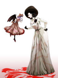 Rule 34 | 2girls, alcina dimitrescu, bat wings, black flower, black hair, black rose, blue hair, bow, brooch, commentary request, corsage, crossover, dress, earrings, eye contact, flower, flying, frilled dress, frilled shirt collar, frilled sleeves, frills, gloves, hat, hat bow, hat ribbon, highres, jewelry, looking at another, mob cap, multiple girls, necklace, pearl earrings, pearl necklace, puffy short sleeves, puffy sleeves, red eyes, remilia scarlet, resident evil, resident evil village, ribbon, ribbon trim, rose, short hair, short sleeves, size difference, sun hat, tall female, touhou, trait connection, vampire, wings, wrist cuffs, yokochou
