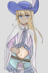 Rule 34 | 1other, ambiguous gender, androgynous, belt, blonde hair, blue eyes, blush, cape, chevalier d&#039;eon (fate), clothing cutout, embarrassed, fate/grand order, fate (series), frills, grey background, hat, highres, long hair, long sleeves, looking at viewer, navel, navel cutout, rjjc, simple background, sweat, trap