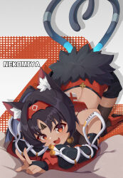 Rule 34 | 1girl, absurdres, animal ear fluff, animal ears, barcode, bell, black hair, breasts, cat ears, cat girl, cat tail, dark-skinned female, dark skin, facial mark, forehead mark, forehead tattoo, hair ornament, hairband, highres, long hair, long sleeves, looking at viewer, mengxin huazha, mole, mole on breast, multiple tails, neck bell, nekomiya mana, open mouth, orange eyes, red eyes, red hairband, red sleeves, short hair, shorts, strapless, tail, thighhighs, tube top, two tails, zenless zone zero