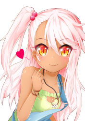 Rule 34 | 1girl, absurdres, blush, brown theme, chloe von einzbern, cleavage cutout, clothing cutout, dark skin, dark-skinned female, fate/kaleid liner prisma illya, fate (series), hair ornament, heart, highres, long hair, looking at viewer, pink hair, red eyes, side ponytail, smile, solo, sylphine, tan, white background