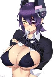 Rule 34 | 10s, 1girl, artist name, bikini, bikini top only, black bikini, blush, breasts, cardigan, cleavage, clothes lift, covered erect nipples, dress shirt, eyepatch, female focus, gloves, headgear, highres, kantai collection, large breasts, lifted by self, looking at viewer, navel, necktie, open mouth, purple hair, school uniform, shirt, shirt lift, short hair, simple background, skindentation, solo, swimsuit, tenryuu (kancolle), white background, yellow eyes, zonda (solid air)