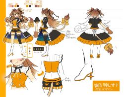 Rule 34 | 1girl, animal hands, black legwear, black shorts, blush, boots, bow, brown hair, character name, character sheet, crown, earrings, from behind, from side, full body, gloves, high heel boots, high heels, jewelry, lion tail, long hair, looking at viewer, mini crown, multiple views, navel, open clothes, open mouth, open skirt, paw gloves, paw print, paw print pattern, puffy short sleeves, puffy sleeves, re:act, sakura yuki (clochette), shishigami leona, short sleeves, shorts, skirt, sleeveless, smile, standing, star (symbol), star earrings, tail, tail bow, tail ornament, translated, two side up, virtual youtuber, white footwear, yellow eyes