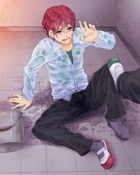 Rule 34 | 1boy, black eyes, bruise, bucket, bullying, collared shirt, crack, cracked wall, crying, earrings, floor, injury, jewelry, male focus, open mouth, original, red hair, reverse ryona, shirt, shoes, single shoe, sitting, socks, solo focus, spill, sumimoto ryuu, tears, uwabaki, wet