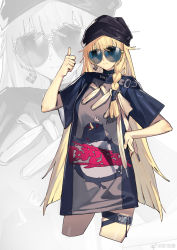 Rule 34 | 1girl, absurdres, beanie, blonde hair, blue-tinted eyewear, blue-tinted glasses, braid, chinese commentary, commentary request, cowboy shot, earrings, girls&#039; frontline, hand on own hip, hat, highres, jewelry, long hair, looking at viewer, messy hair, oop, short sleeves, side braid, single braid, smile, solo, sunglasses, thigh strap, thumbs up, tinted eyewear, vhs (girls&#039; frontline), zoom layer