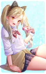 Rule 34 | 1girl, animal ears, arm at side, arm support, bangle, bell, between legs, black skirt, blonde hair, blue background, blush, border, bow, bowtie, bracelet, cardigan, cardigan around waist, cat ears, character request, clothes around waist, collared shirt, cowboy shot, dress shirt, drink, drinking straw, fake animal ears, fang, fingernails, from side, hair over shoulder, hair ribbon, hairband, highres, holding, holding drink, jewelry, jingle bell, juice box, kaniku, lace, long fingernails, long hair, long sleeves, miniskirt, nail polish, neck bell, open mouth, orange eyes, outside border, plaid, plaid skirt, pleated skirt, red bow, red bowtie, red nails, red ribbon, ribbon, school uniform, shadow alice (wonderland wars), shirt, sitting, skin fang, skirt, sleeves rolled up, solo, striped bow, striped bowtie, striped clothes, twintails, white border, white shirt, wonderland wars, wrist cuffs