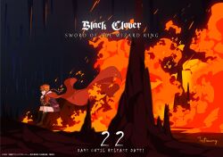 Rule 34 | 1boy, artist request, black clover, black clover: sword of the wizard king, boots, braid, braided ponytail, cape, copyright name, countdown, english text, fire, from side, full body, highres, knee boots, leopold vermillion, male focus, official art, official style, orange hair, pants, pyrokinesis, red cape, royal robe, short hair, sitting, solo, stalactite, stalagmite, white pants, wind
