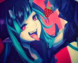 Rule 34 | 1girl, nanashi inc., black hair, black jacket, blue hair, commentary request, demon horns, food, fruit, highres, holding, holding food, holding fruit, horns, jacket, long hair, long sleeves, looking at viewer, multicolored hair, open mouth, pointy ears, red background, red eyes, shishio chris, smile, solo, strawberry, sugar lyric, tengu nimuru, tongue, tongue out, two-tone hair, upper body, virtual youtuber