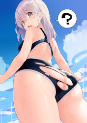 Rule 34 | 1girl, ?, ass, ass cutout, back, bare shoulders, black one-piece swimsuit, blue eyes, blue sky, blush, breasts, butt crack, clothing cutout, day, highres, kekemotsu, large breasts, long hair, looking at viewer, looking back, one-piece swimsuit, open mouth, original, school swimsuit, sky, solo, spoken question mark, swimsuit, torn clothes, torn swimsuit, water slide, wet