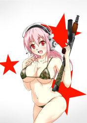 Rule 34 | 1girl, assault rifle, bad id, bad pixiv id, bikini, blush, breasts, camouflage, camouflage bikini, cleavage, gun, headphones, highres, kenagehanage, large breasts, long hair, looking at viewer, navel, nitroplus, open mouth, pink hair, red eyes, rifle, skindentation, smile, solo, super sonico, swimsuit, weapon