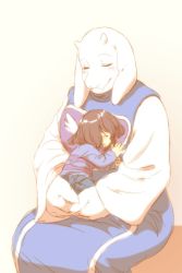 Rule 34 | 2girls, brown hair, child, closed eyes, feet out of frame, frisk (undertale), furry, gradient background, holding person, motherly, multiple girls, onda seki, short hair, simple background, tagme, toriel, undertale, white background