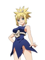 Rule 34 | 1girl, aqua eyes, bare shoulders, blonde hair, blue dress, breasts, commentary request, dr. stone, dress, hand on own hip, kohaku (dr. stone), looking at viewer, mari (marimaripink), medium breasts, partial commentary, ponytail, simple background, smile, solo, v-shaped eyebrows, white background