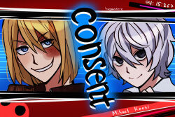 2boys blonde_hair blue_eyes bob_cut chocolate danganronpa_(series) danganronpa_2:_goodbye_despair death_note english_text highres huyandere komatsuzaki_rui_(style) male_focus mello_(death_note) multiple_boys near_(death_note) scar scar_on_face smile white_hair