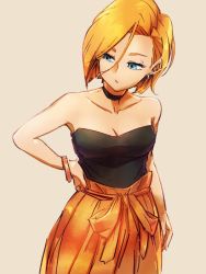 Rule 34 | 1girl, alternate costume, android 18, arms at sides, bare arms, bare shoulders, beige background, black choker, black neckwear, black shirt, blonde hair, blue eyes, bow, bracelet, breasts, choker, cleavage, collarbone, dragon ball, dragonball z, earrings, expressionless, eyelashes, eyes visible through hair, fingernails, hair between eyes, half-closed eyes, jewelry, kemachiku, long skirt, looking away, medium breasts, nail polish, orange bow, orange skirt, parted lips, red nails, shirt, short hair, simple background, skirt, solo, straight hair, strapless, tied skirt, upper body, waist bow